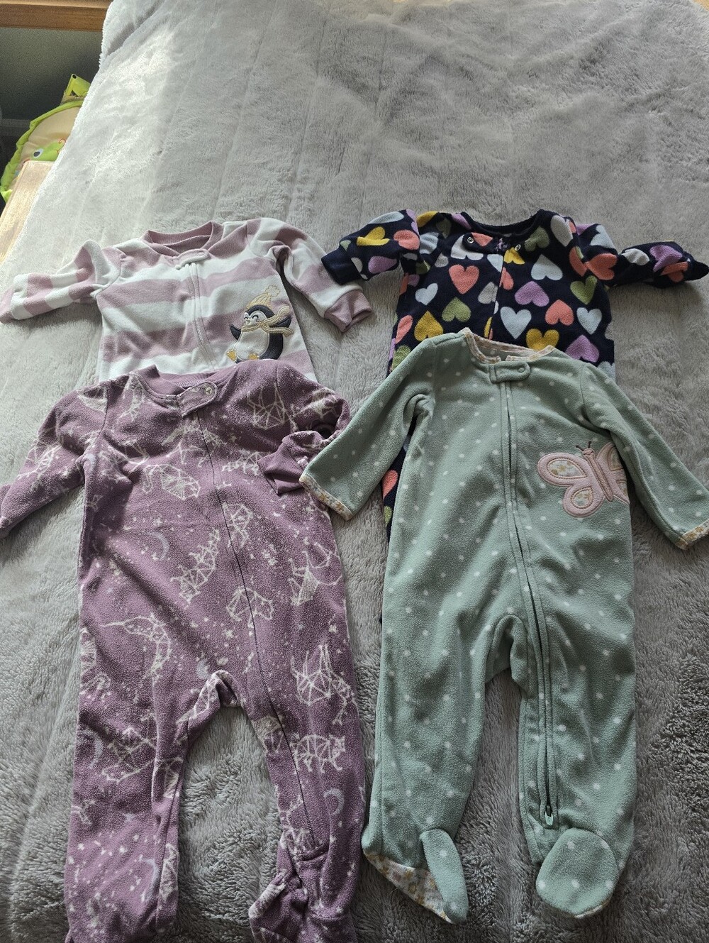 4-Pack Girls Footed One-Piece Sleepers - Pink, Purple, Green, Navy Heart Prints